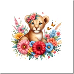 A baby lion decorated with beautiful colorful flowers. Posters and Art